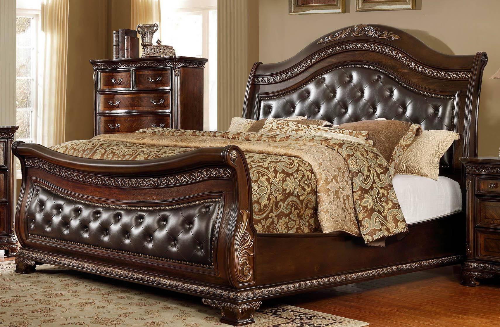 Mcferran B9588 King Sleigh Bed In, Leather Sleigh Bed With Drawers