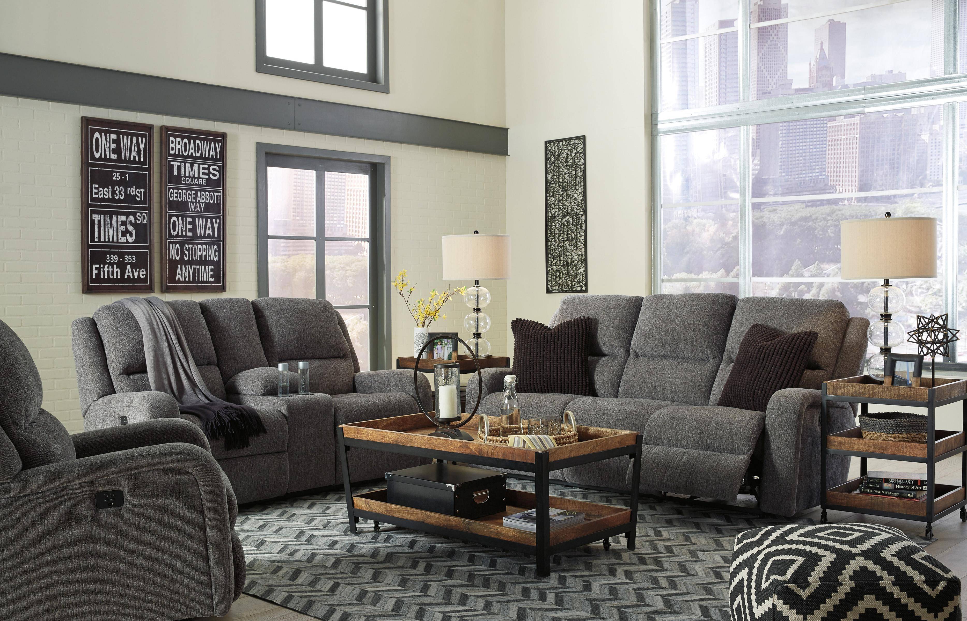 Buy Ashley Krismen Reclining Living Room Set 3 Pcs in Charcoal, Fabric