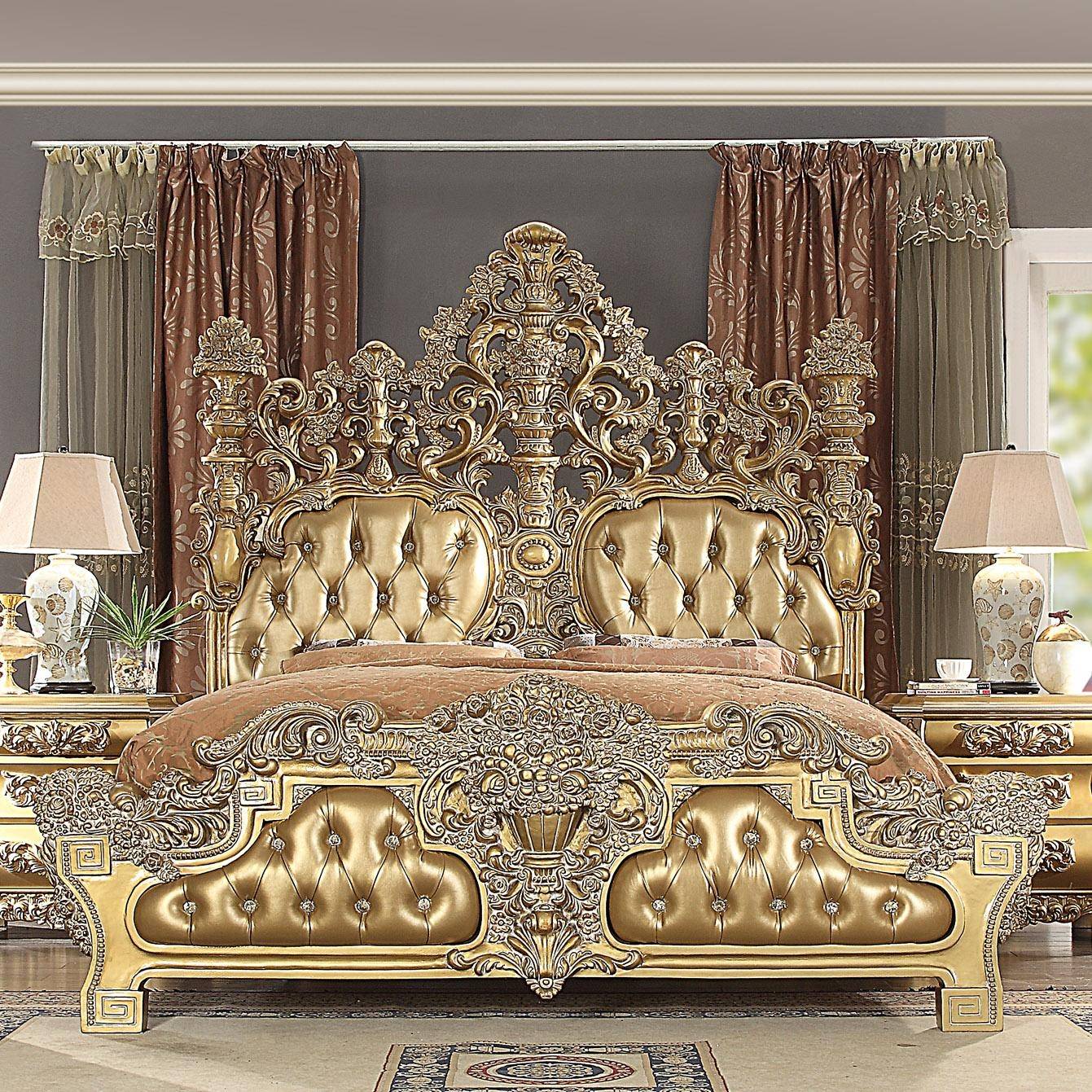 Buy Homey Design Hd 8016 King Panel Bedroom Set 2 Pcs In Gold Finish Rich Gold Wood Online