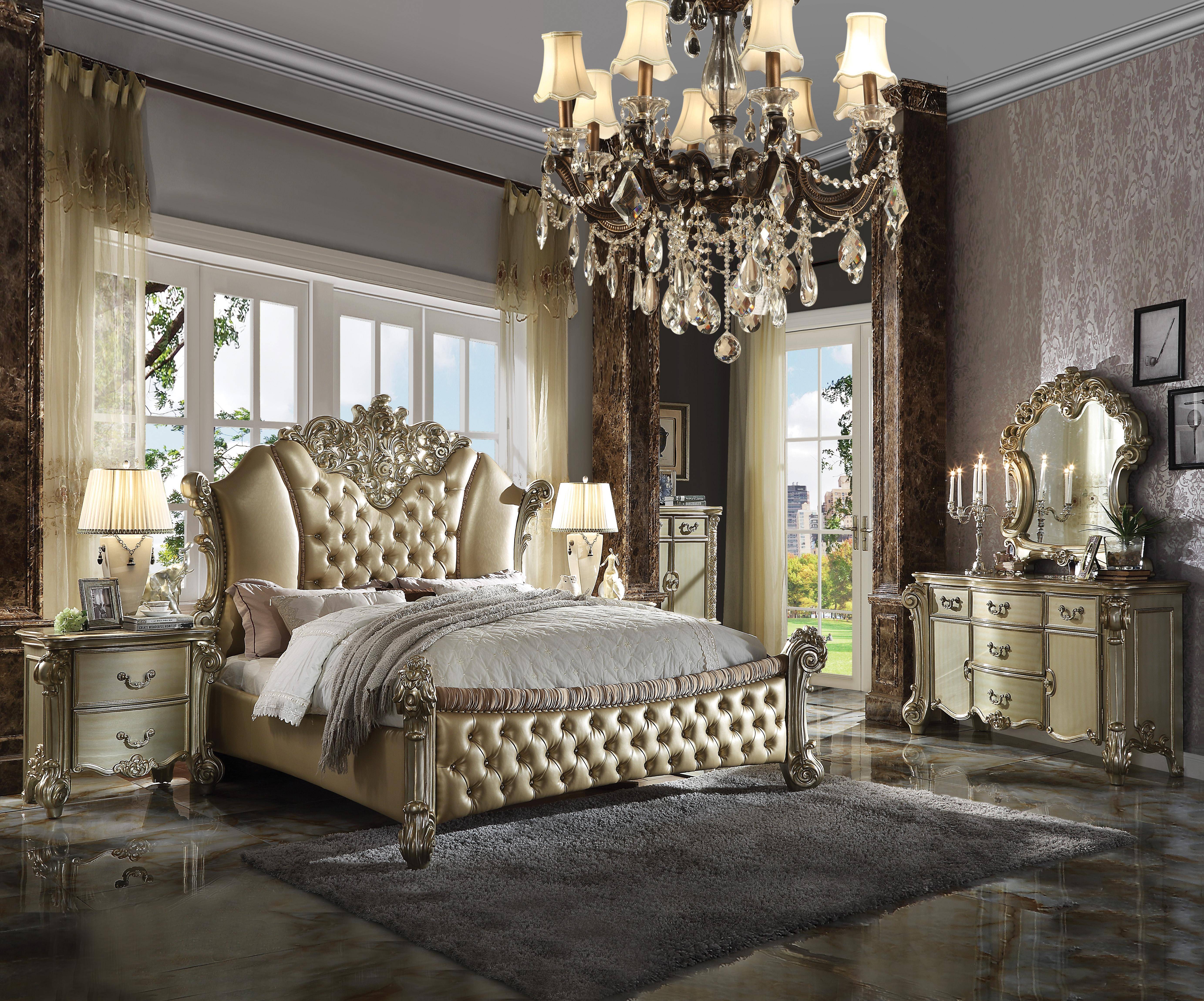 5Pc Bedroom Furniture Set Button Tufted Headboard Gold Patina Finish Eastern King Size Bed