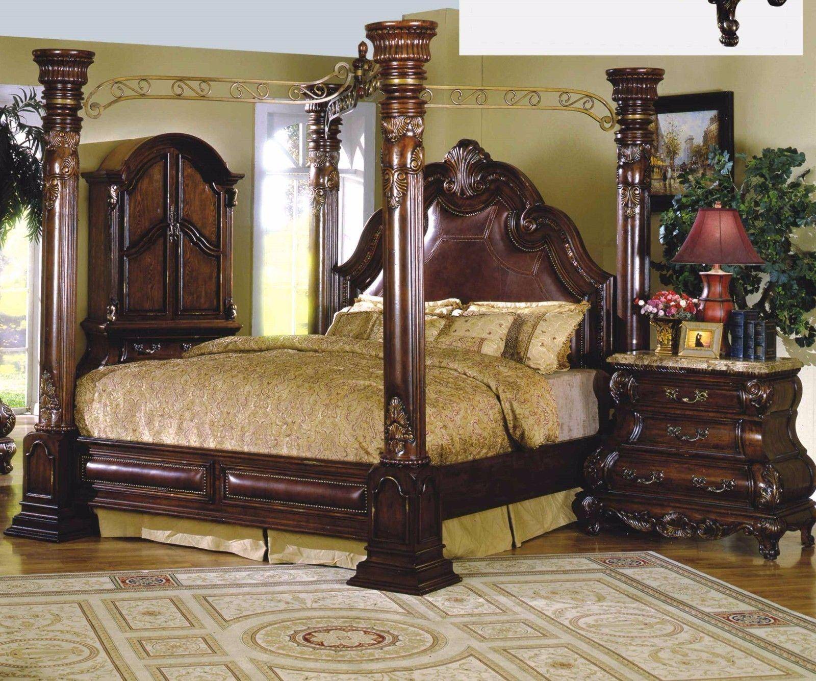 Buy McFerran Monaco King Canopy Bedroom Set 5 Pcs In Cherry Leather Online