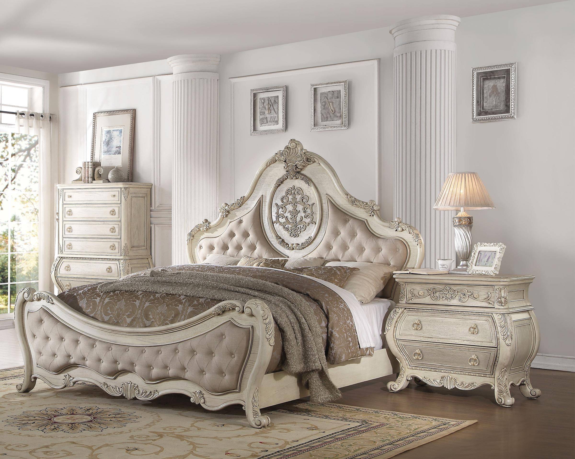 Buy Astoria Grand Sku Astd3299 King Panel Bedroom Set 5 Pcs In Antique White Beige Linen Online