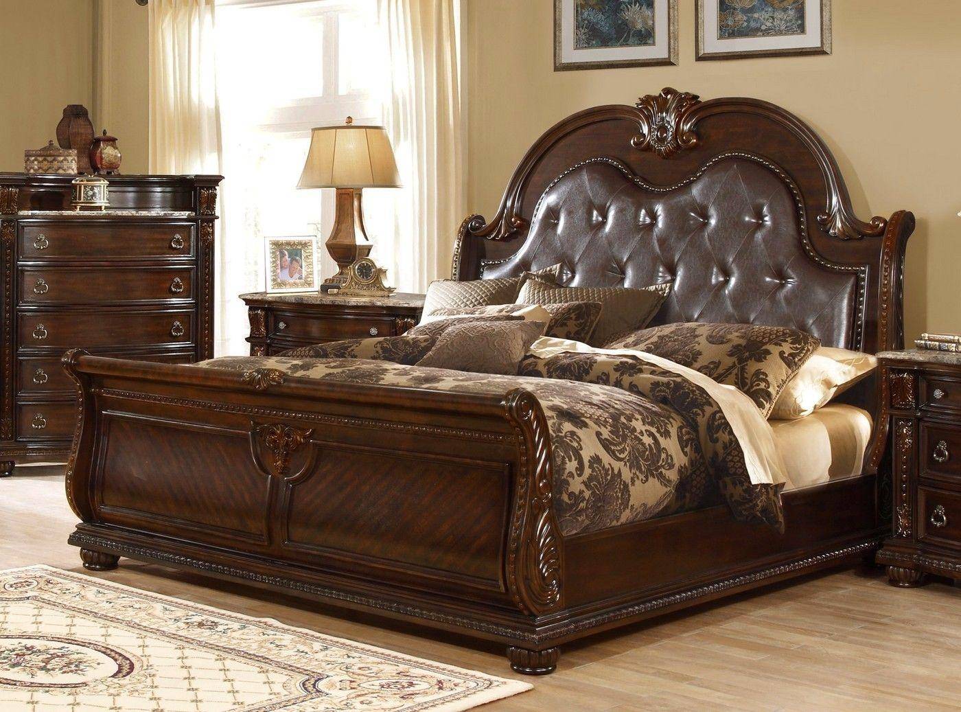California King Sleigh Bedroom Set, Cherry Wood Bed With Leather Headboard