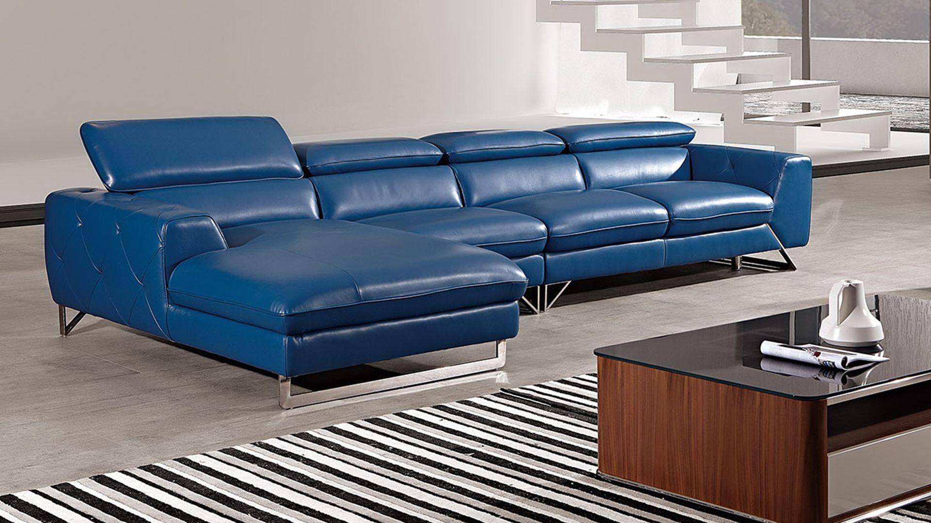 Ek L030 Blue Sectional Sofa, Full Leather Sectional