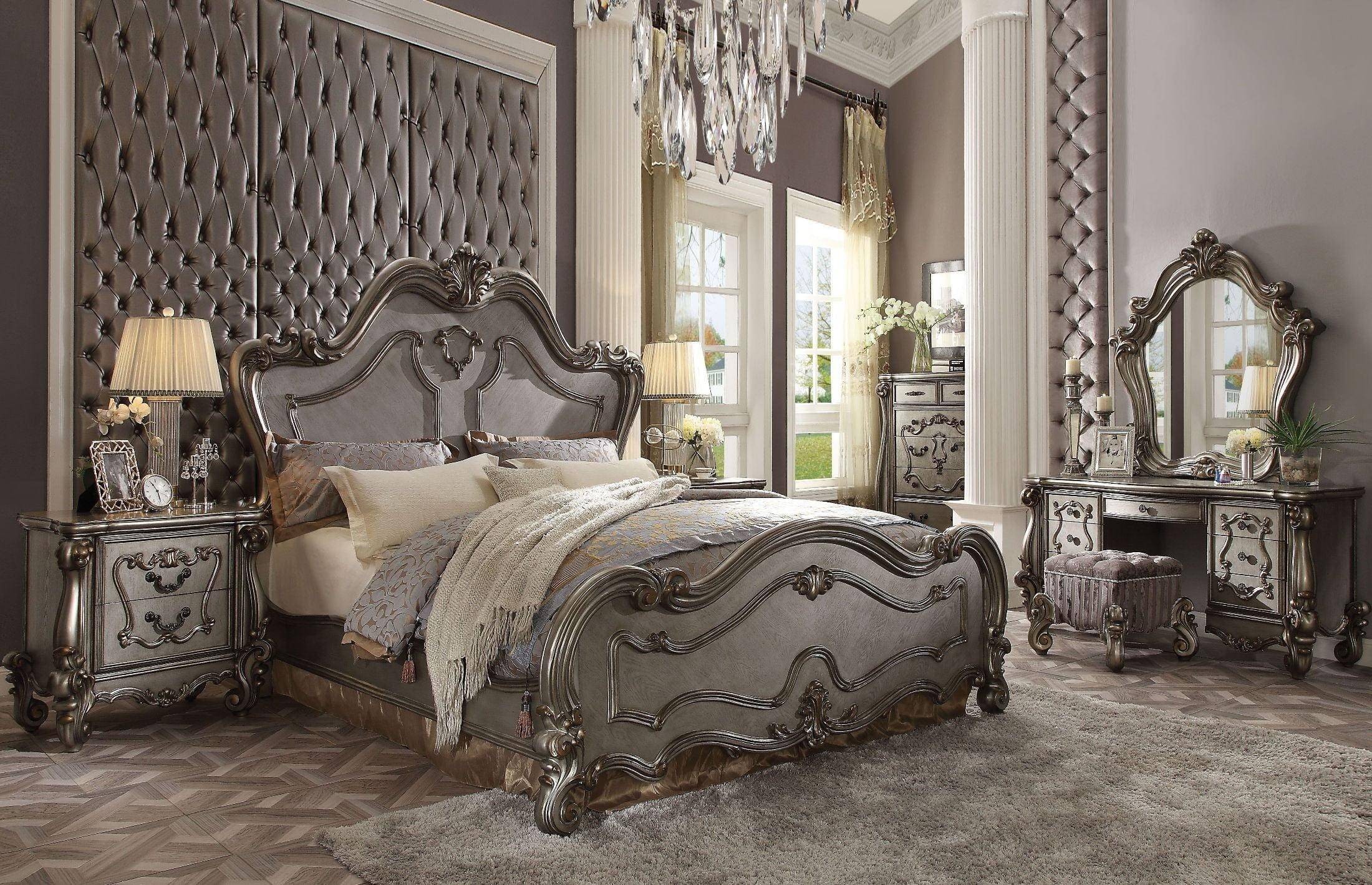 Buy Acme Versailles 26857ek King Panel Bedroom Set 3 Pcs In Antique Platinum Wood Wood Veneers Online
