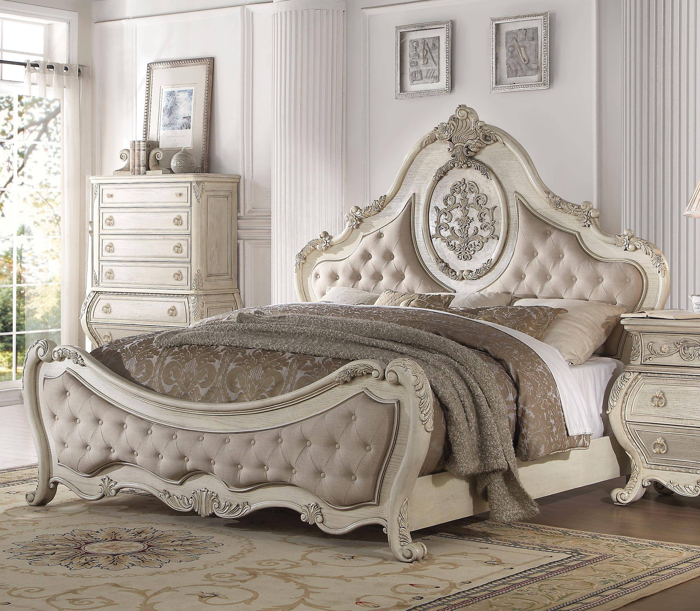 Acme Ragenardus 27007ek King Panel Bed, Antique White King Bed