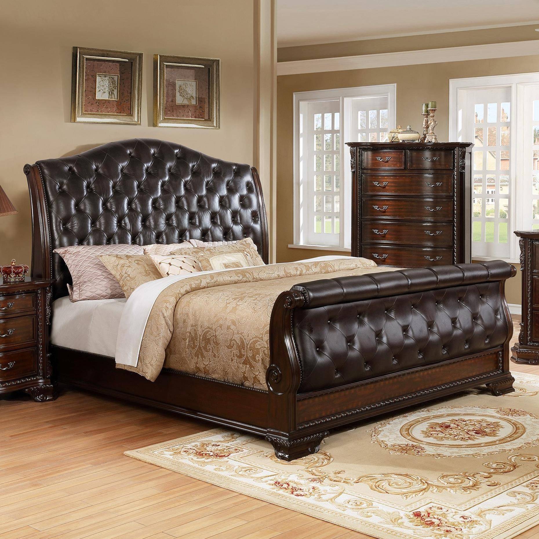 Buy Crown Mark B1100-88 Sheffield Queen Sleigh Bedroom Set in Camel, Faux Leather online