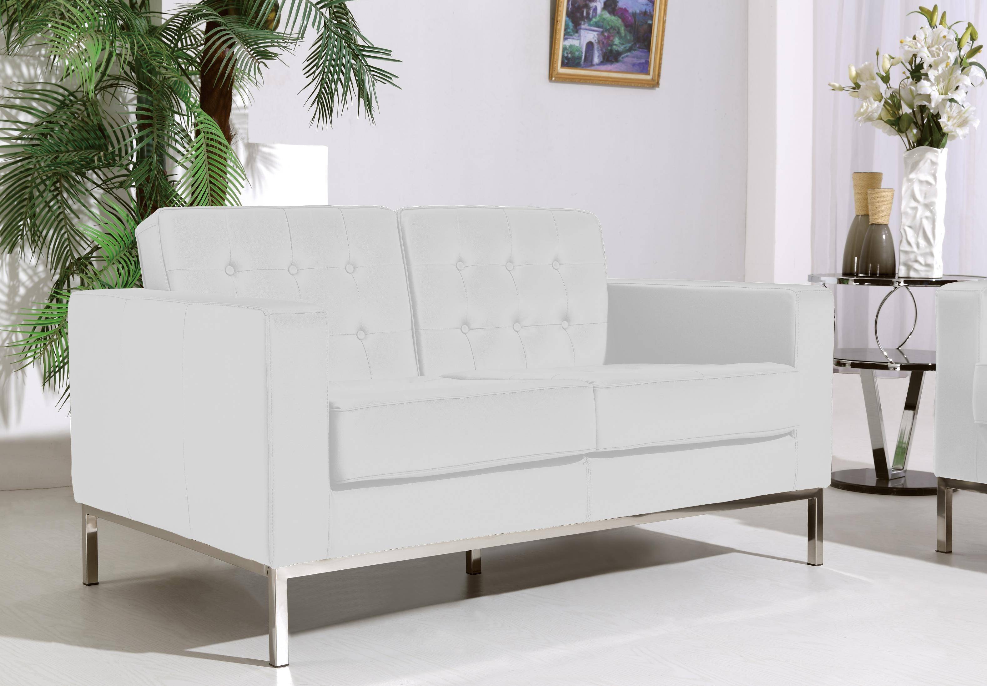 Silvania Loveseat In White Leather, White Leather Loveseat Modern