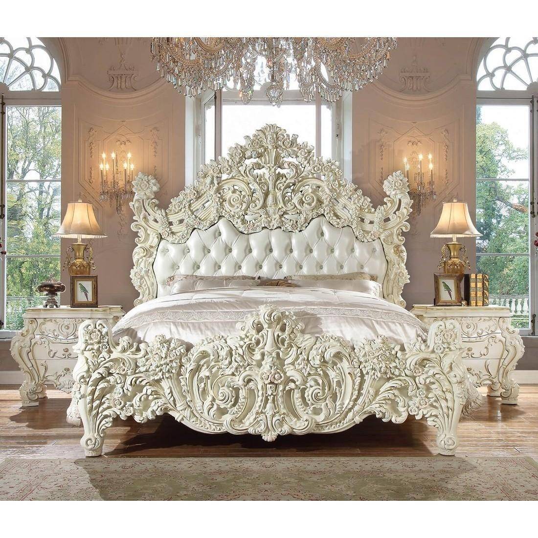 Buy Homey Design HD-8089 King Sleigh Bedroom Set 3 Pcs in White, Gold