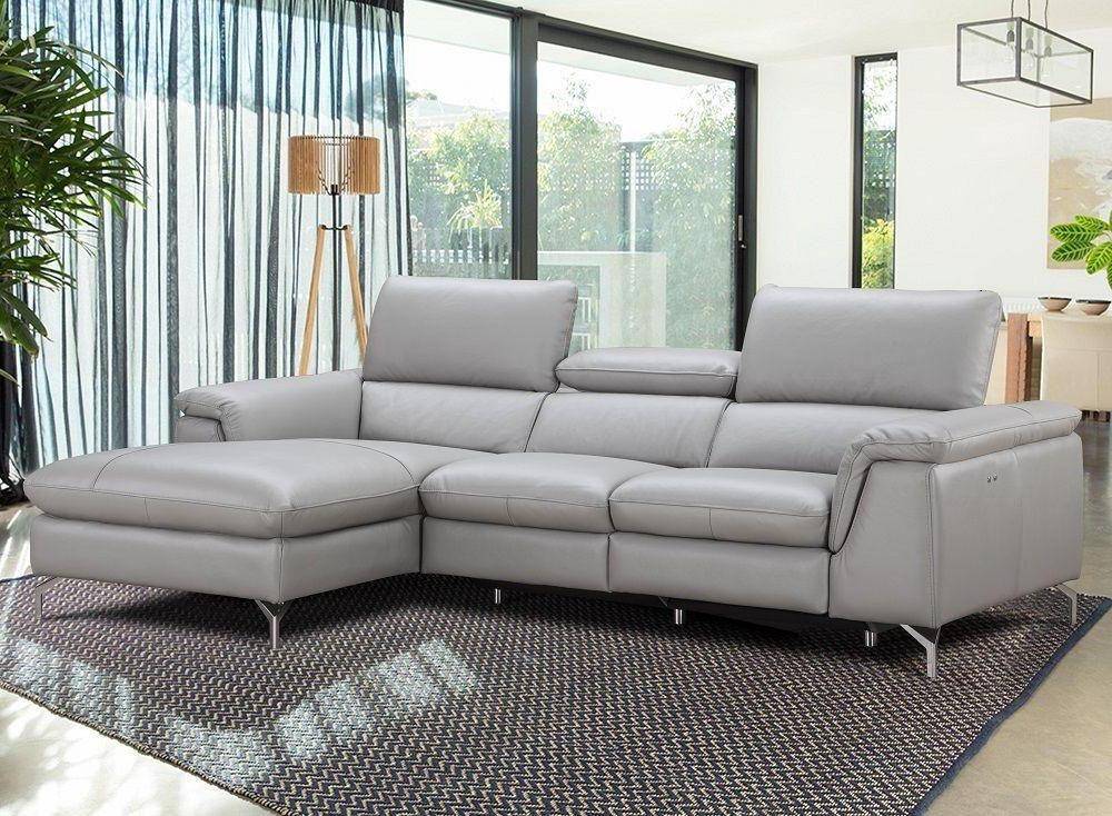 J M Serena Reclining Sectional Left, Modern Light Grey Leather Sectional Sofa With Electric Recliner Gray